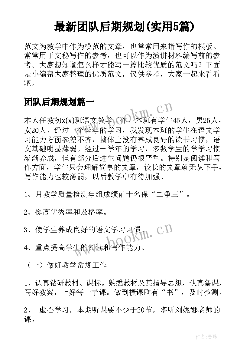 最新团队后期规划(实用5篇)