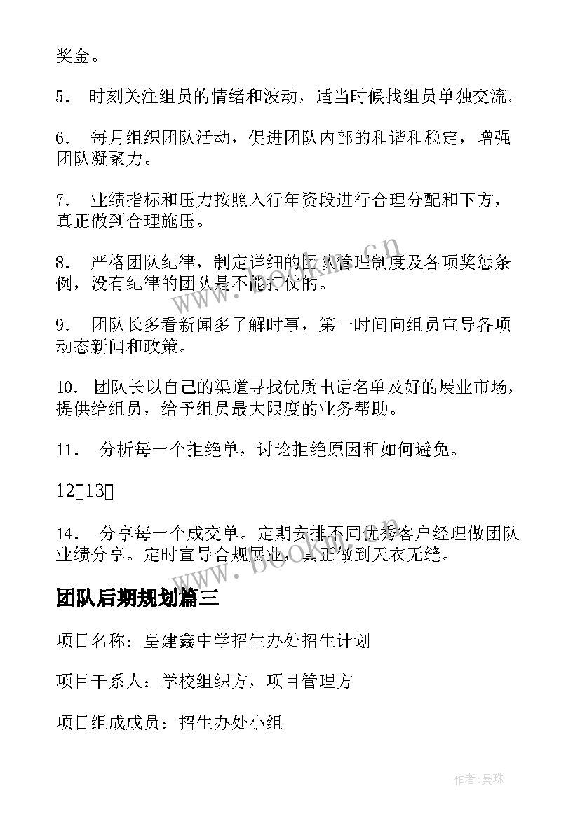 最新团队后期规划(实用5篇)