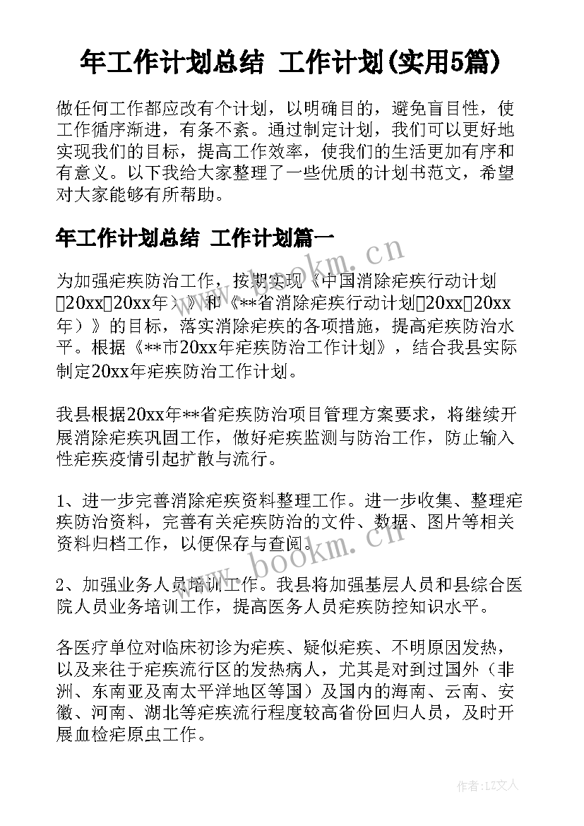 年工作计划总结 工作计划(实用5篇)