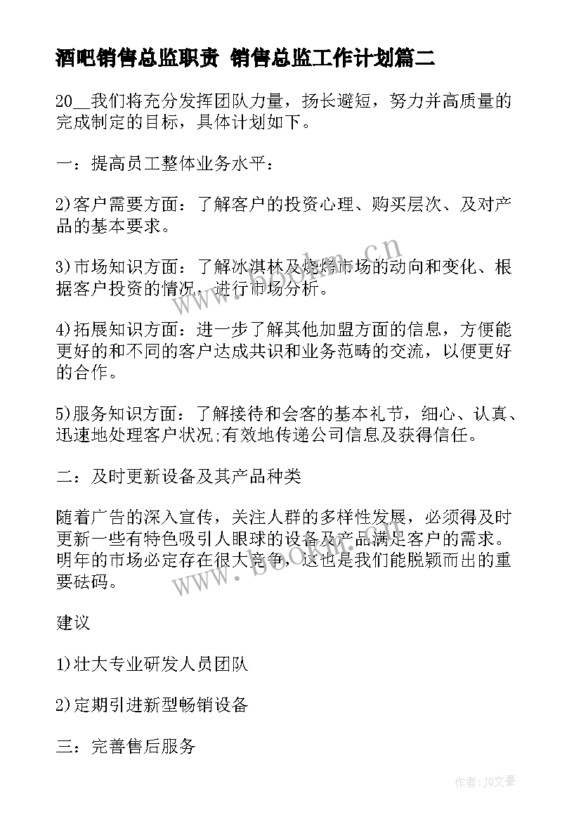 最新酒吧销售总监职责 销售总监工作计划(精选5篇)