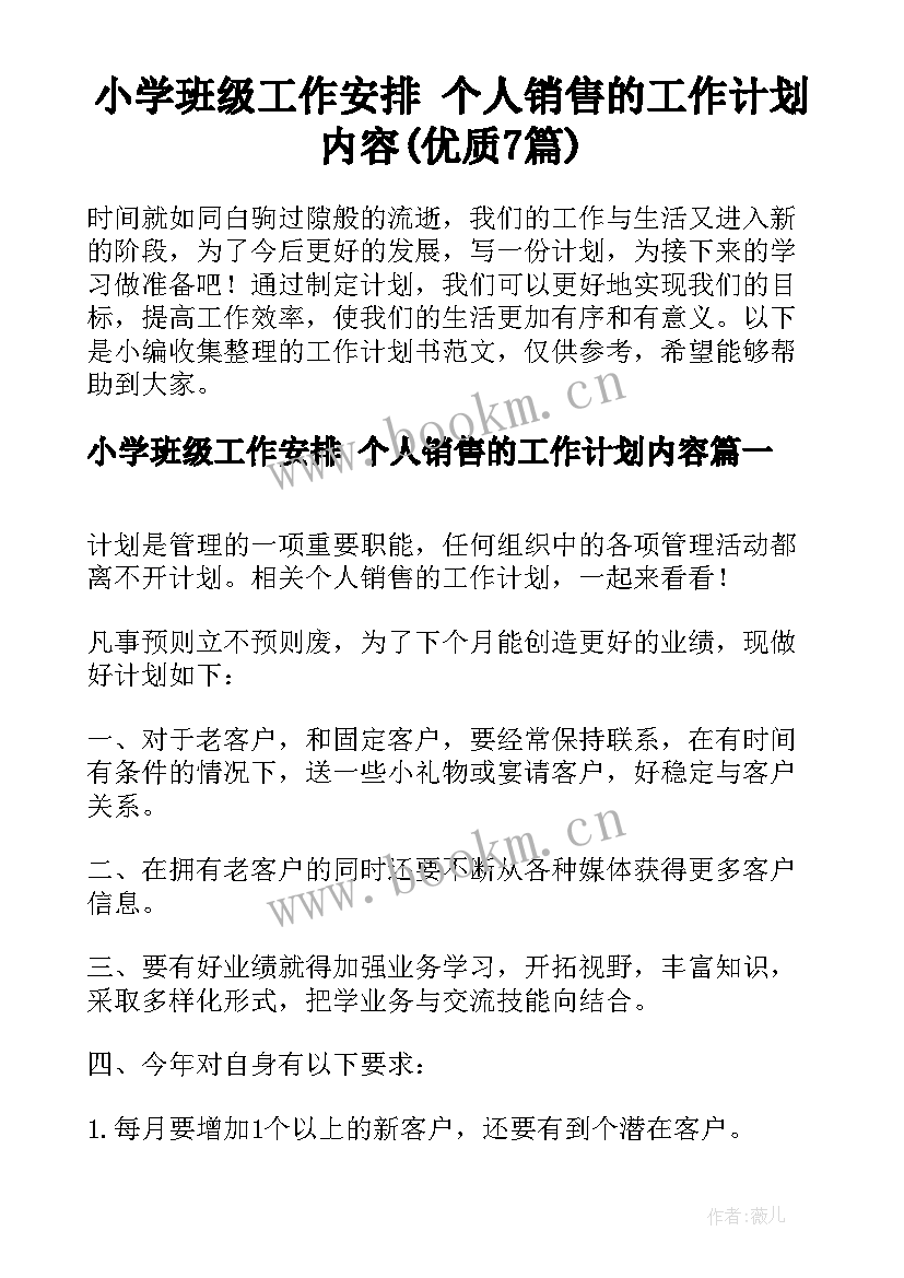 小学班级工作安排 个人销售的工作计划内容(优质7篇)