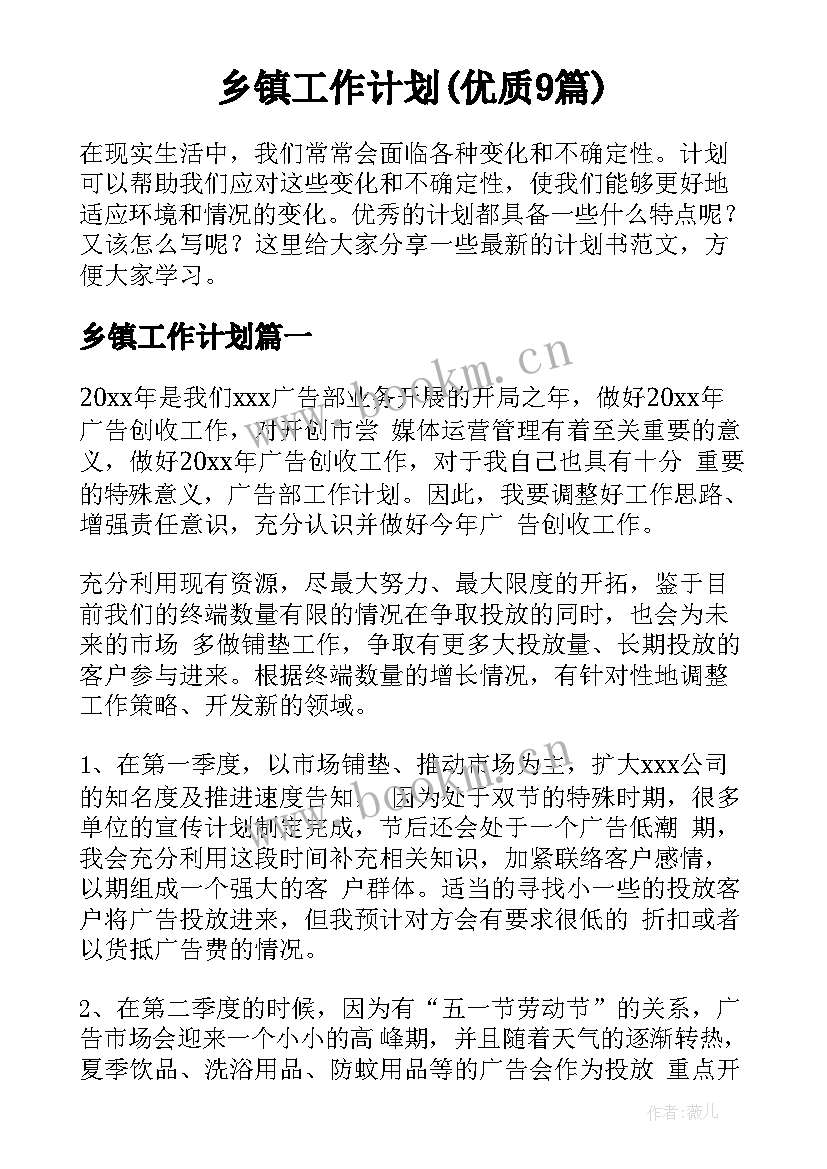 乡镇工作计划(优质9篇)