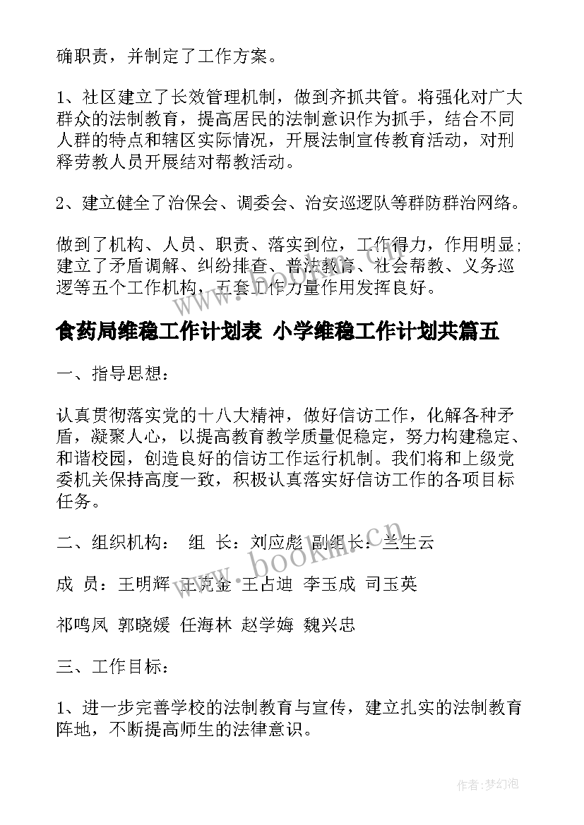 最新食药局维稳工作计划表 小学维稳工作计划共(精选6篇)