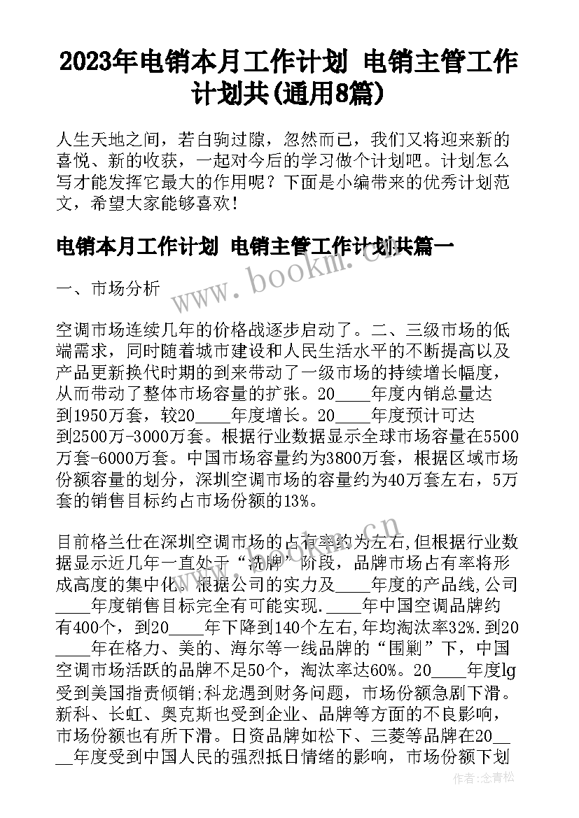 2023年电销本月工作计划 电销主管工作计划共(通用8篇)