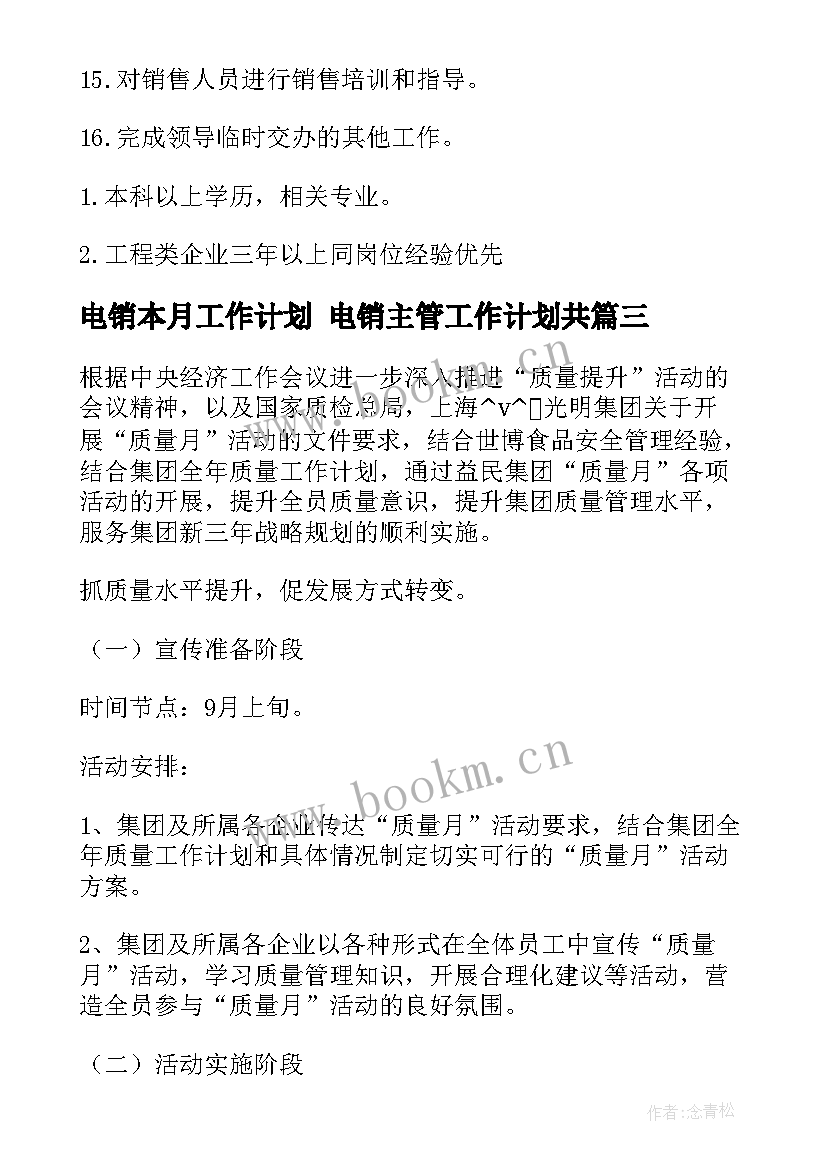 2023年电销本月工作计划 电销主管工作计划共(通用8篇)