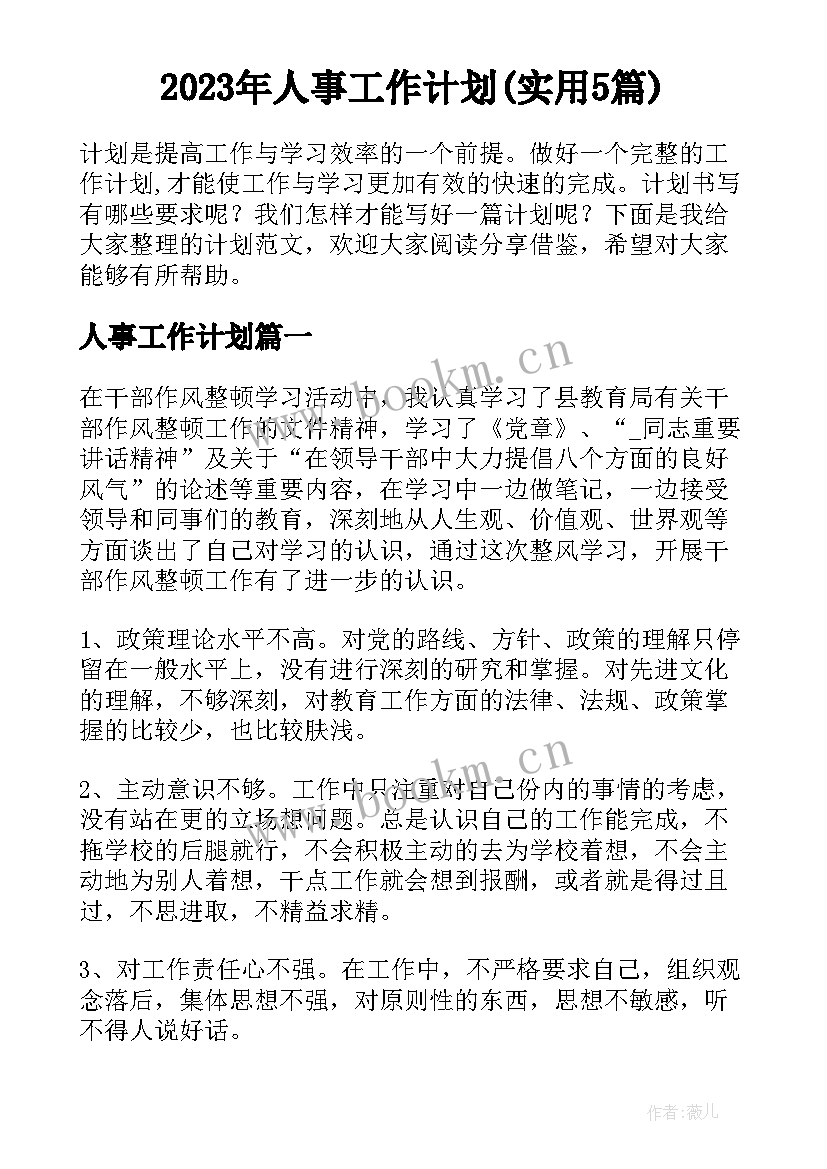 2023年人事工作计划(实用5篇)