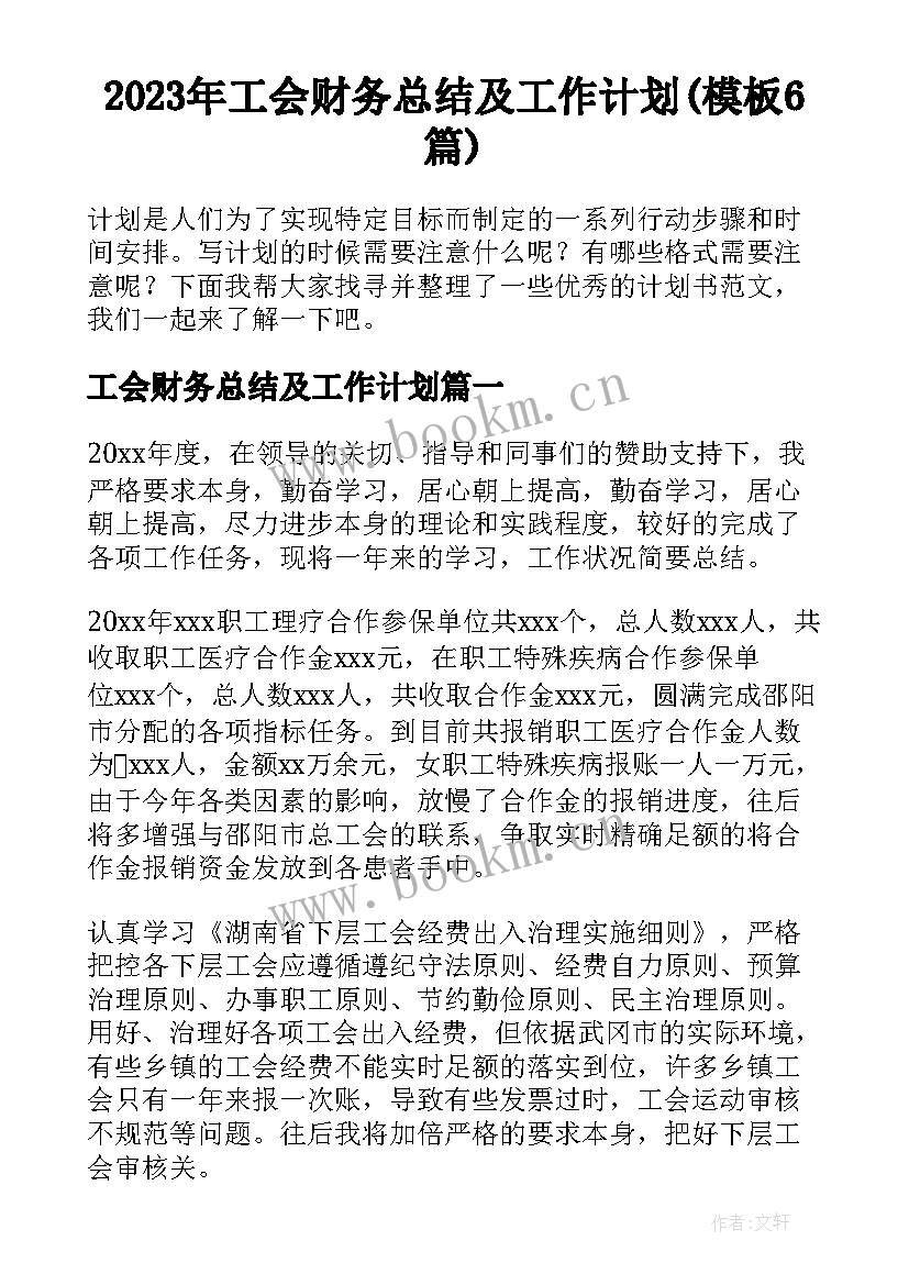 2023年工会财务总结及工作计划(模板6篇)