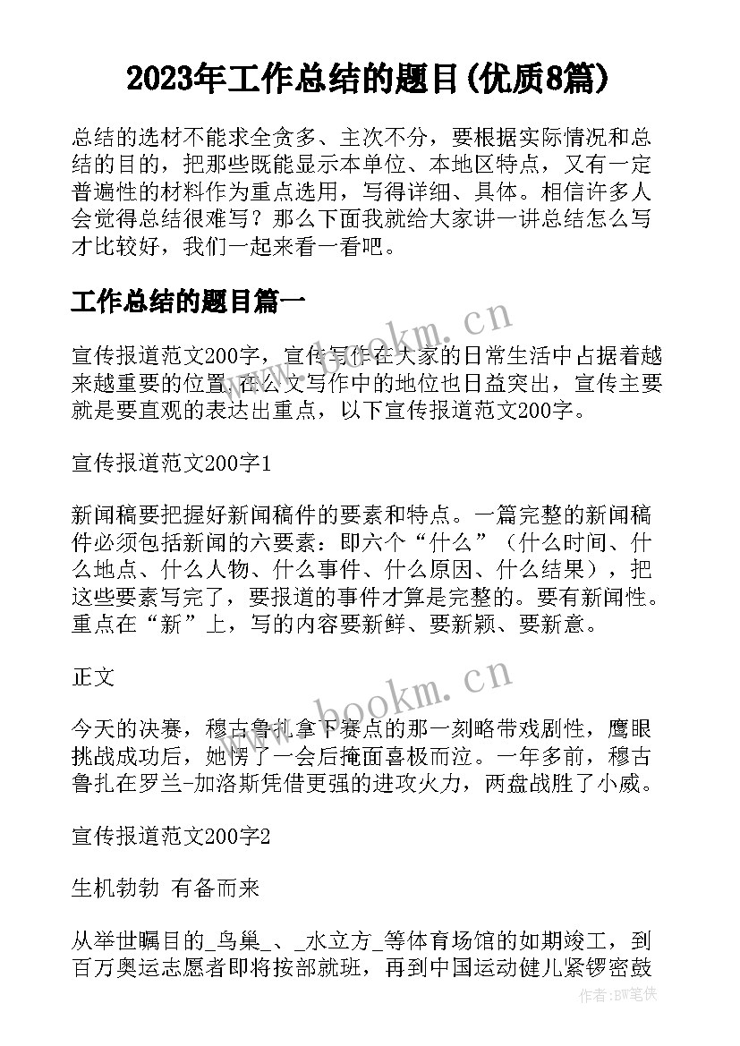 2023年工作总结的题目(优质8篇)