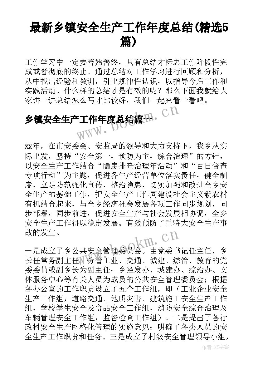 最新乡镇安全生产工作年度总结(精选5篇)