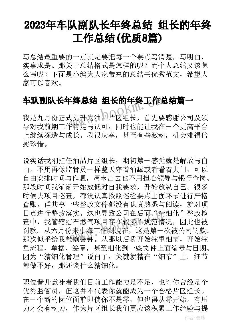 2023年车队副队长年终总结 组长的年终工作总结(优质8篇)