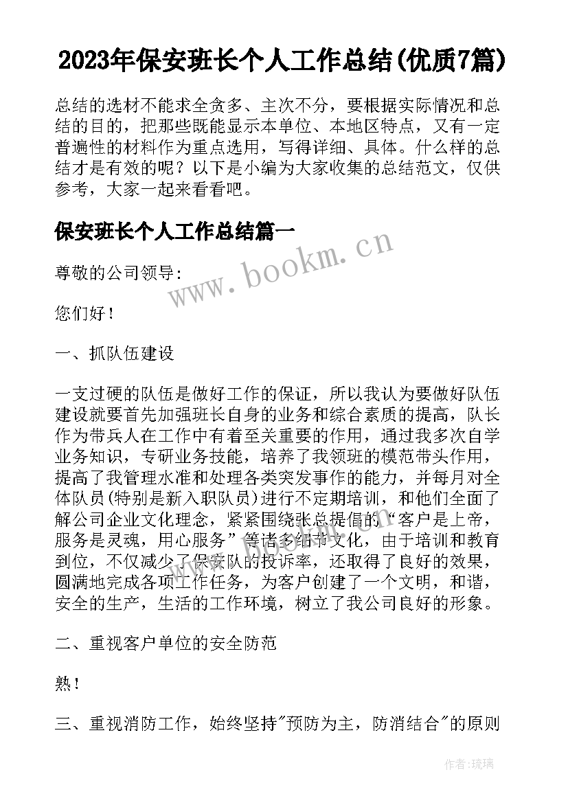 2023年保安班长个人工作总结(优质7篇)