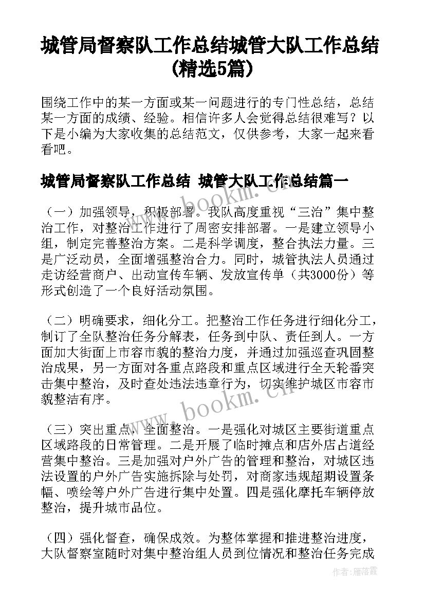 城管局督察队工作总结 城管大队工作总结(精选5篇)