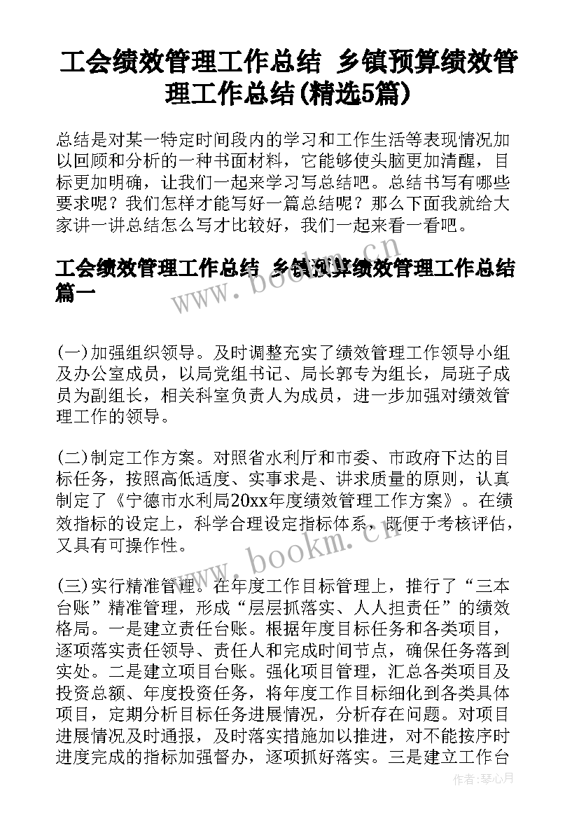 工会绩效管理工作总结 乡镇预算绩效管理工作总结(精选5篇)