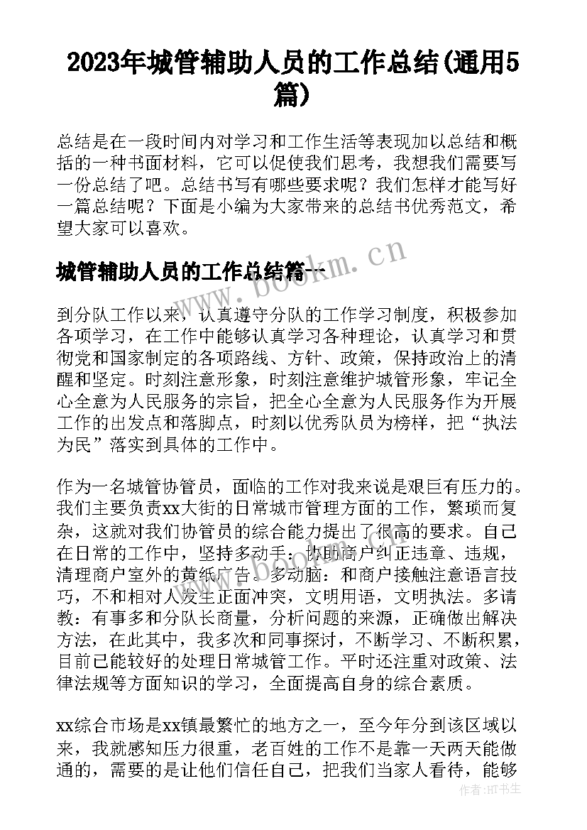 2023年城管辅助人员的工作总结(通用5篇)