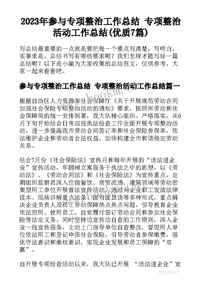 2023年参与专项整治工作总结 专项整治活动工作总结(优质7篇)