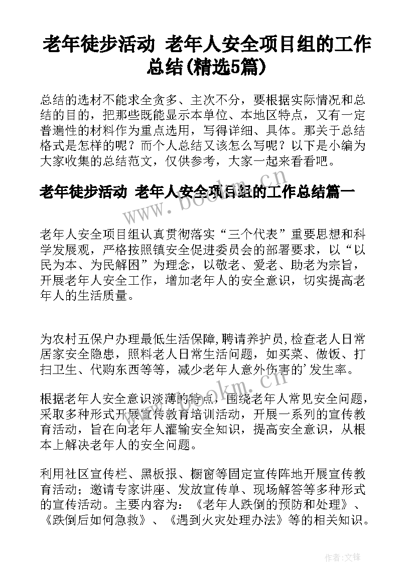 老年徒步活动 老年人安全项目组的工作总结(精选5篇)