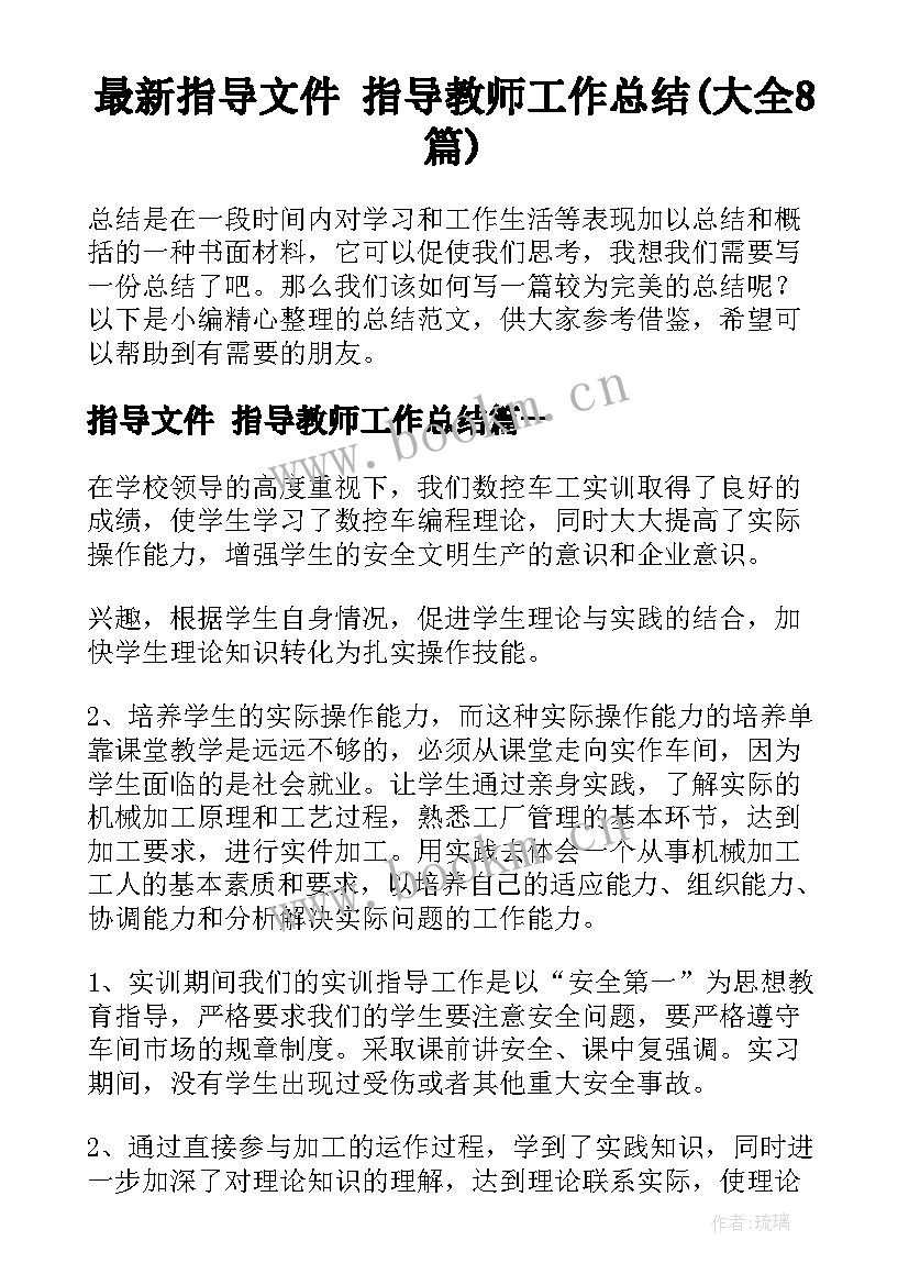 最新指导文件 指导教师工作总结(大全8篇)