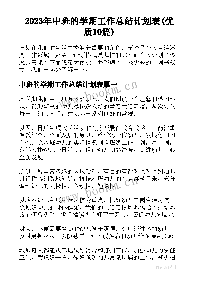 2023年中班的学期工作总结计划表(优质10篇)