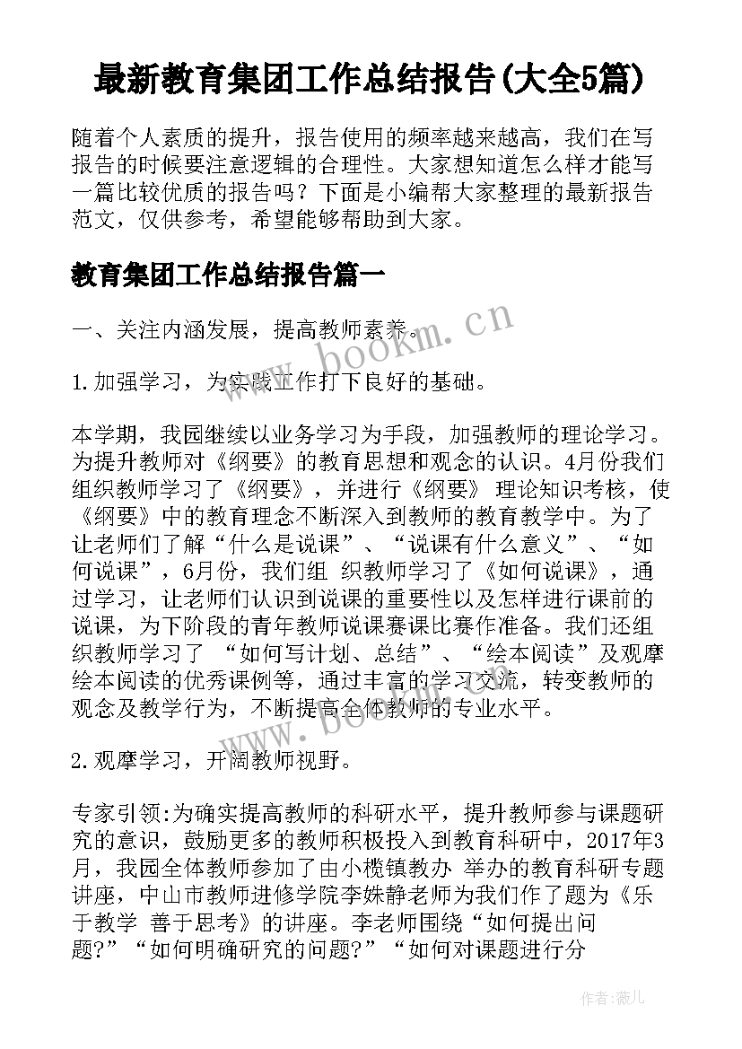 最新教育集团工作总结报告(大全5篇)