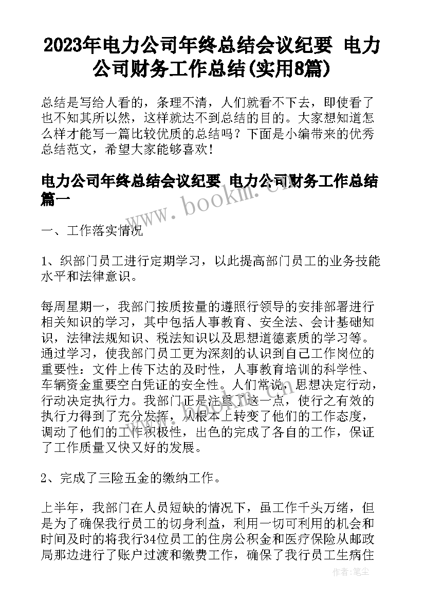 2023年电力公司年终总结会议纪要 电力公司财务工作总结(实用8篇)