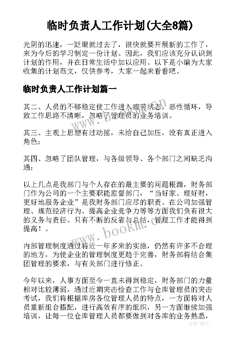 临时负责人工作计划(大全8篇)