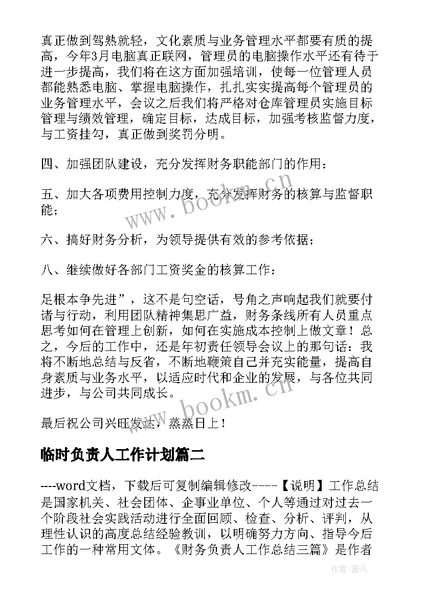 临时负责人工作计划(大全8篇)