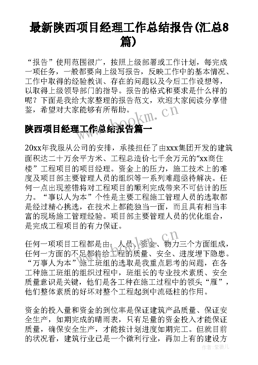 最新陕西项目经理工作总结报告(汇总8篇)