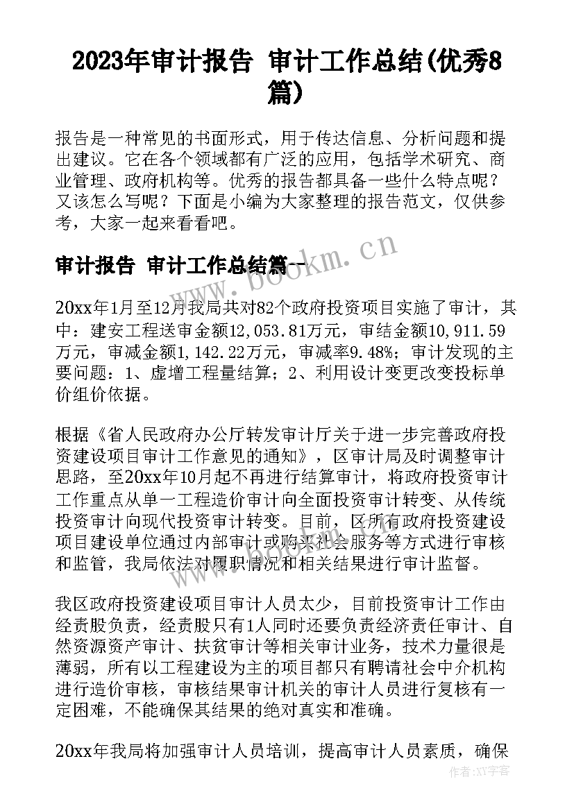 2023年审计报告 审计工作总结(优秀8篇)