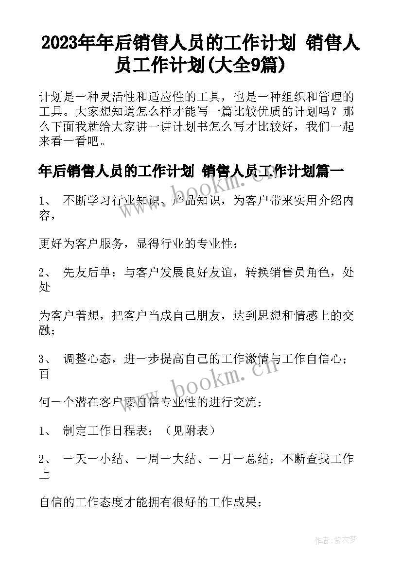 2023年年后销售人员的工作计划 销售人员工作计划(大全9篇)