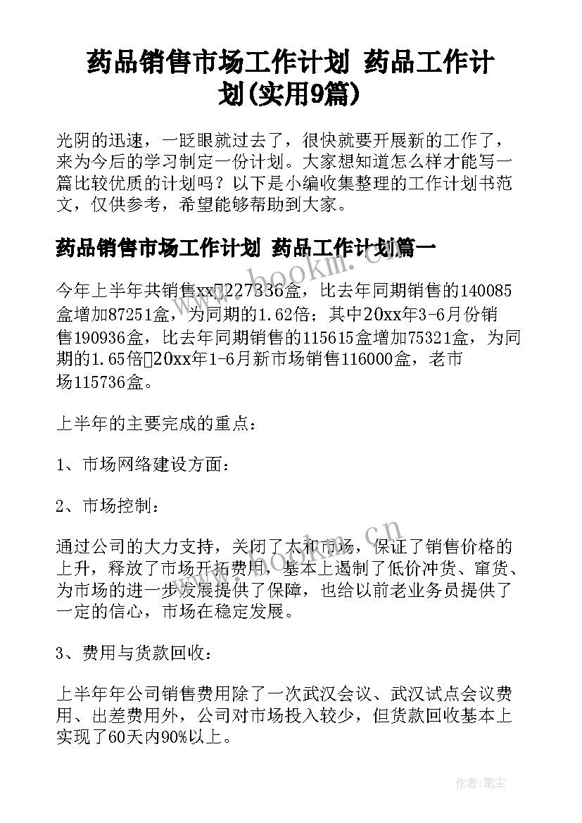 药品销售市场工作计划 药品工作计划(实用9篇)