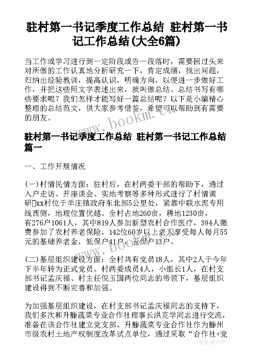 驻村第一书记季度工作总结 驻村第一书记工作总结(大全6篇)