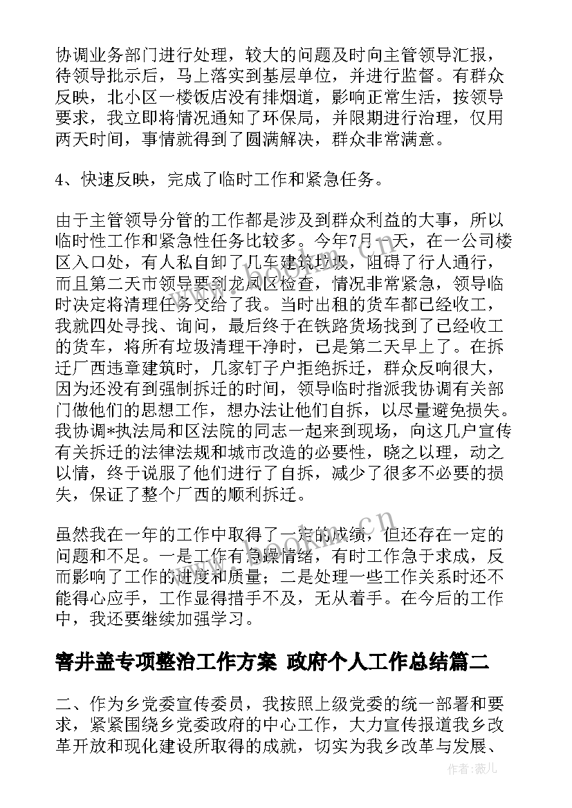 最新窨井盖专项整治工作方案 政府个人工作总结(模板9篇)