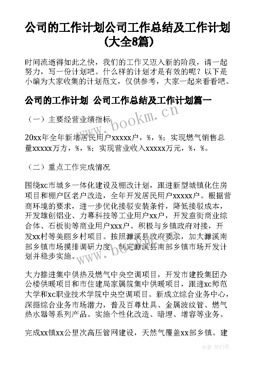 公司的工作计划 公司工作总结及工作计划(大全8篇)