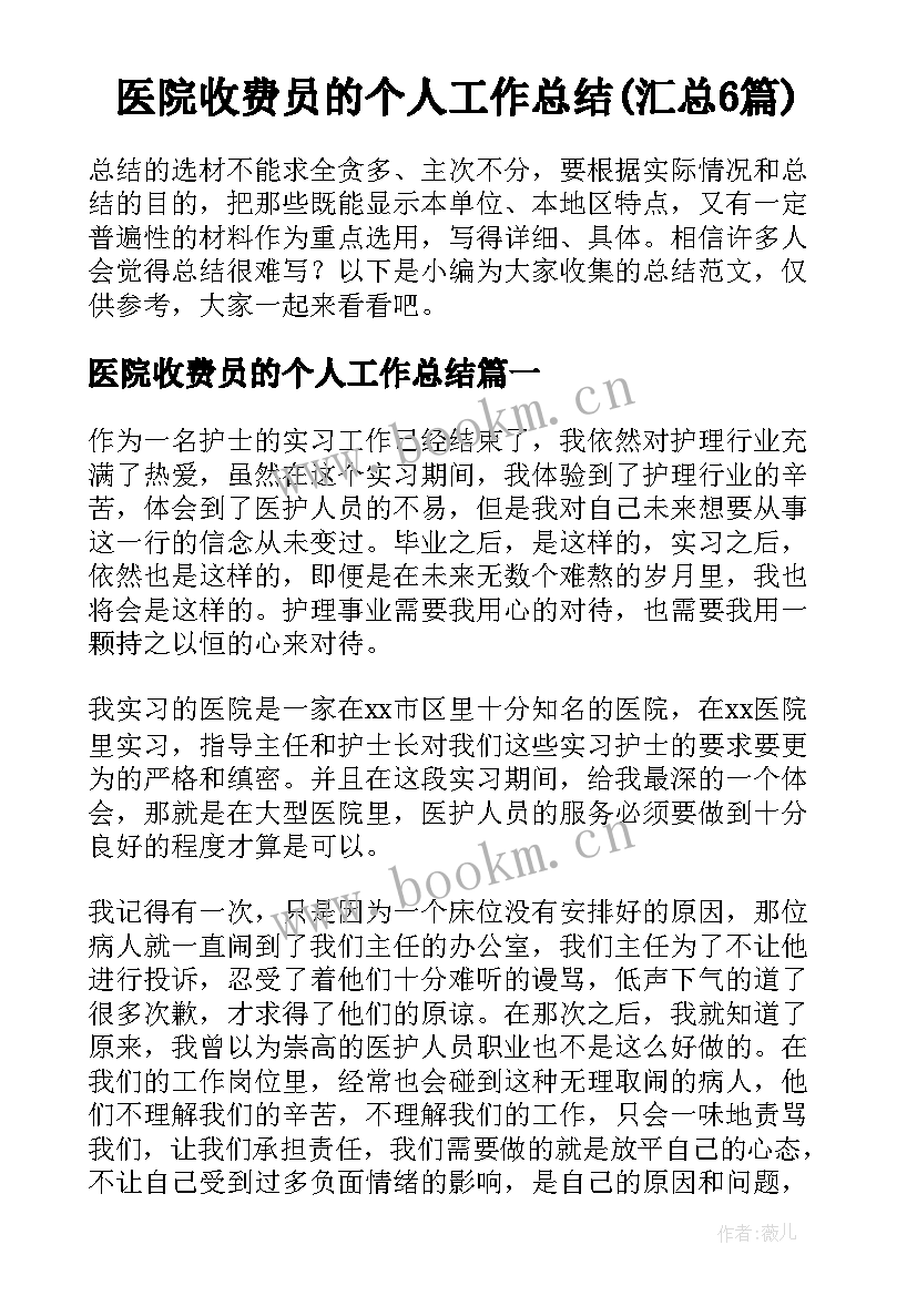 医院收费员的个人工作总结(汇总6篇)