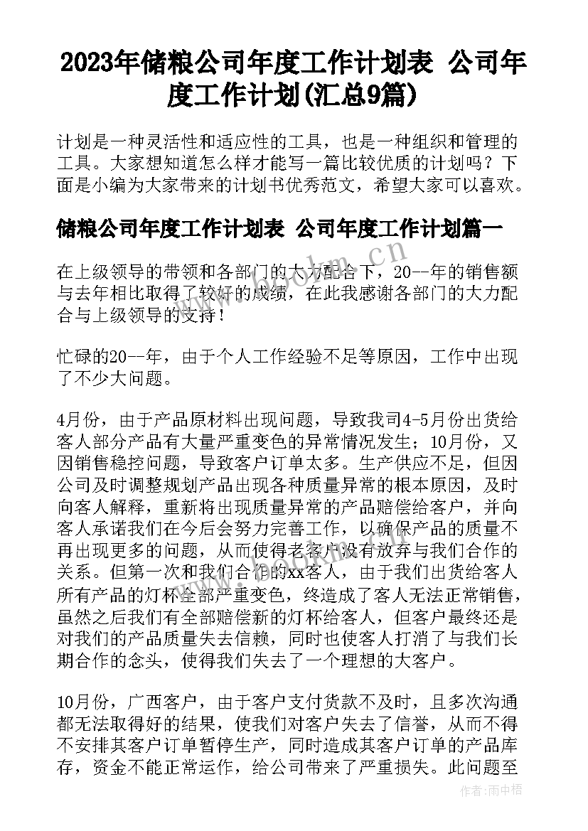 2023年储粮公司年度工作计划表 公司年度工作计划(汇总9篇)