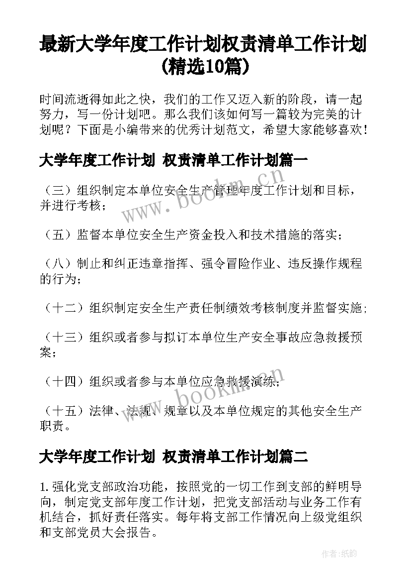 最新大学年度工作计划 权责清单工作计划(精选10篇)