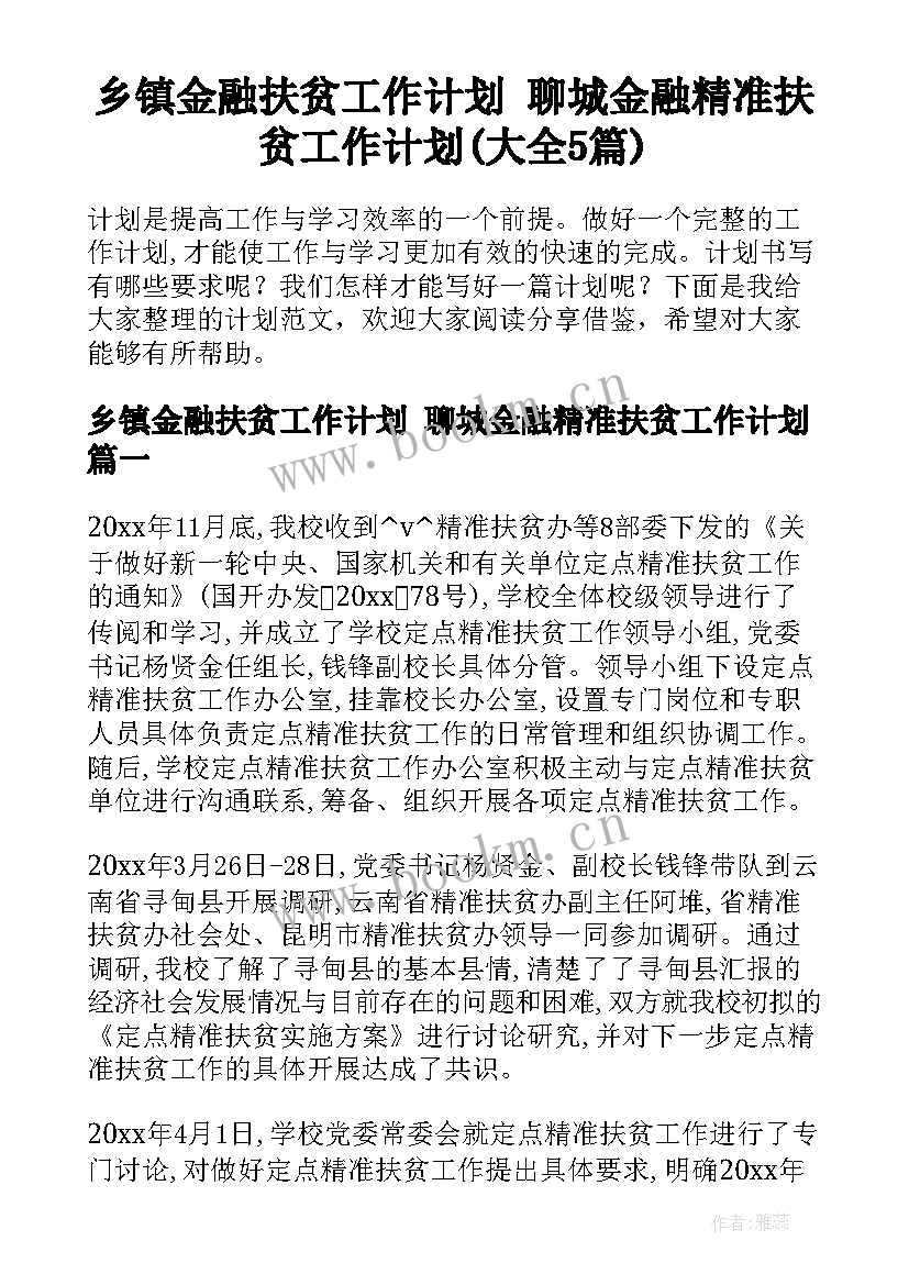 乡镇金融扶贫工作计划 聊城金融精准扶贫工作计划(大全5篇)