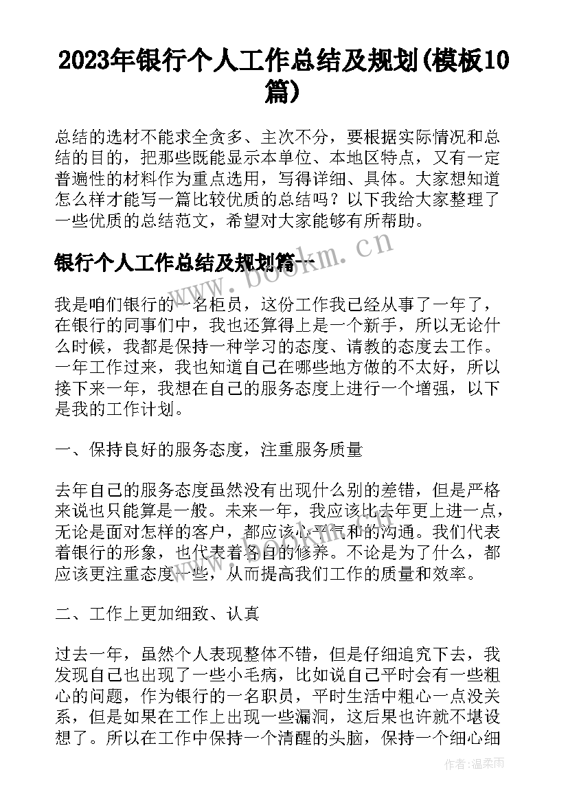 2023年银行个人工作总结及规划(模板10篇)