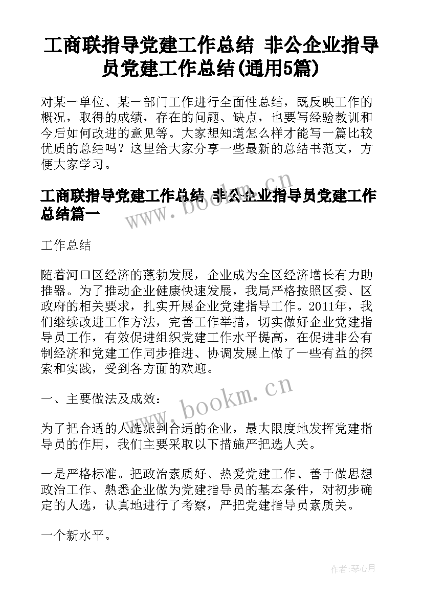 工商联指导党建工作总结 非公企业指导员党建工作总结(通用5篇)