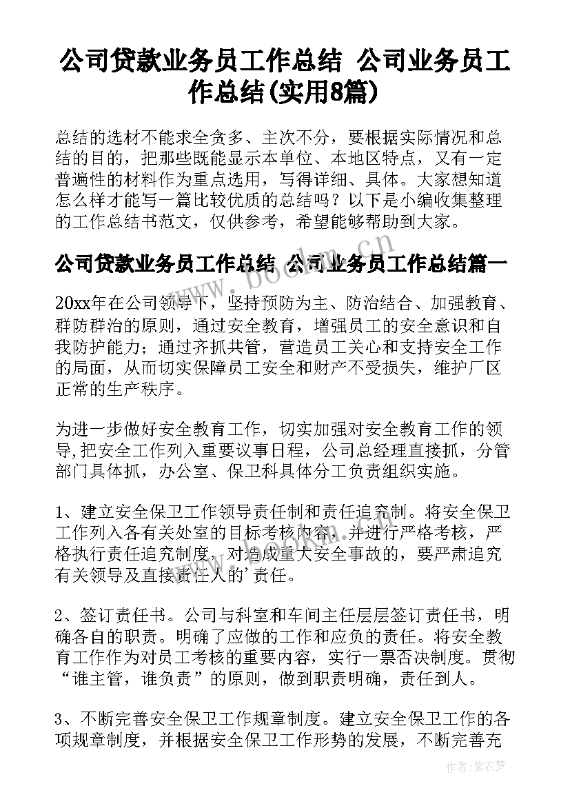 公司贷款业务员工作总结 公司业务员工作总结(实用8篇)