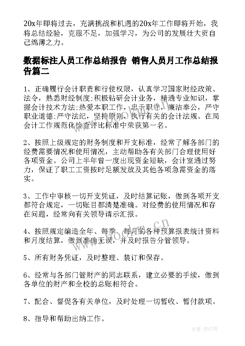 2023年数据标注人员工作总结报告 销售人员月工作总结报告(实用5篇)