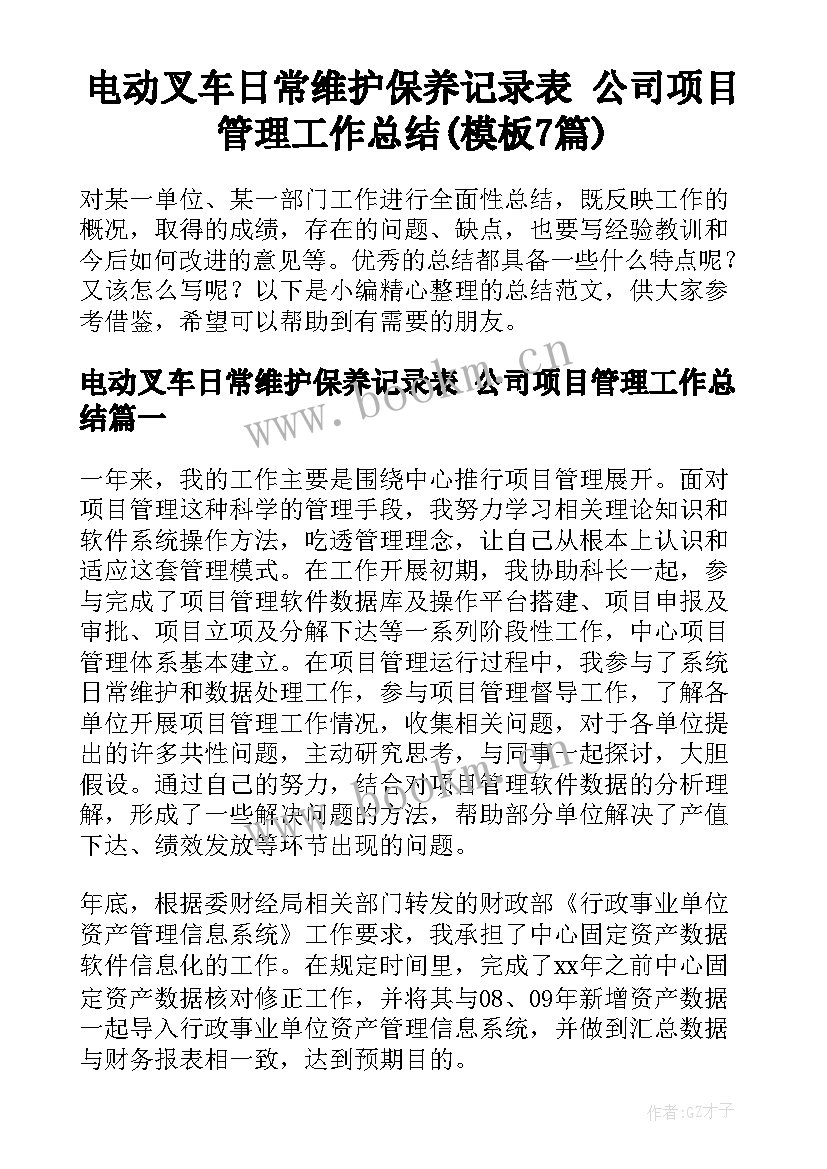 电动叉车日常维护保养记录表 公司项目管理工作总结(模板7篇)