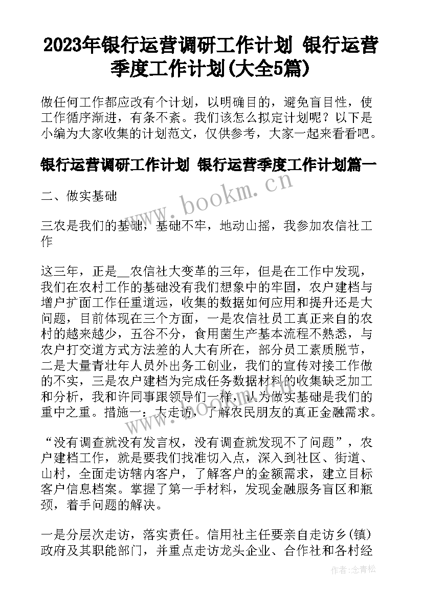 2023年银行运营调研工作计划 银行运营季度工作计划(大全5篇)