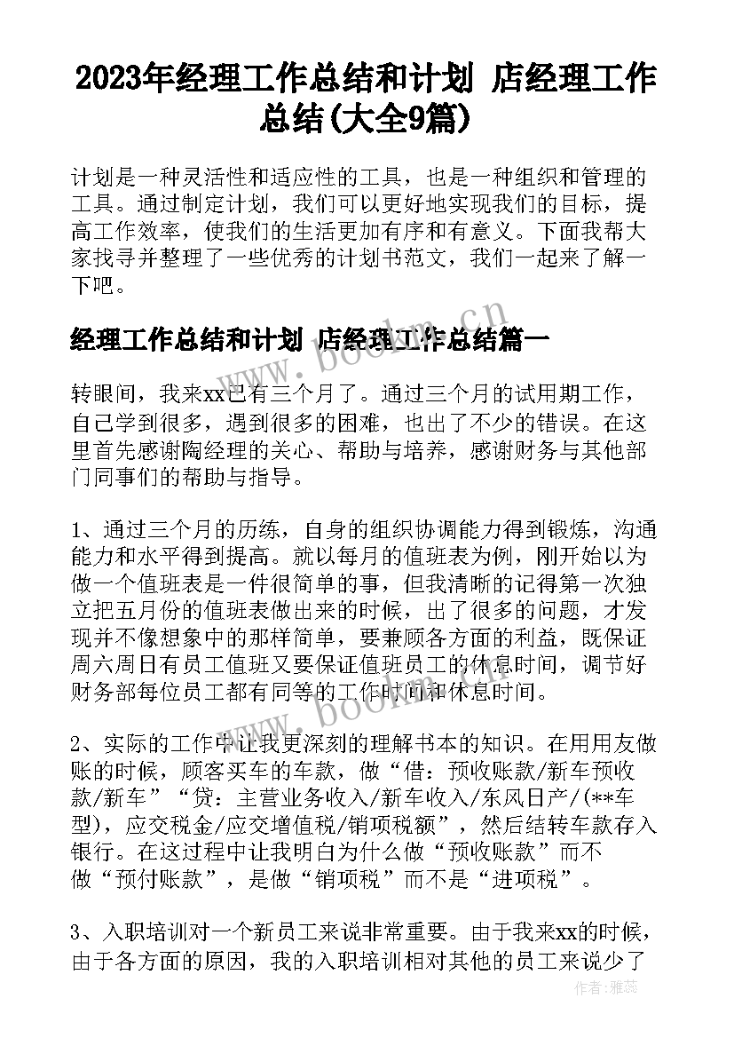 2023年经理工作总结和计划 店经理工作总结(大全9篇)