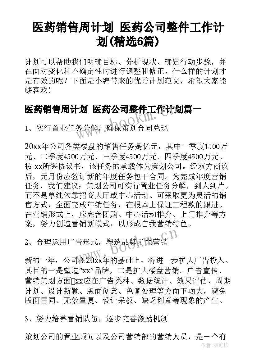 医药销售周计划 医药公司整件工作计划(精选6篇)