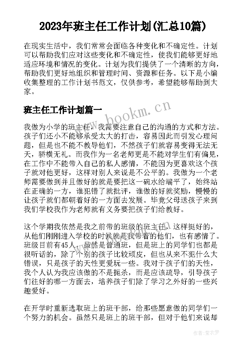 2023年班主任工作计划(汇总10篇)