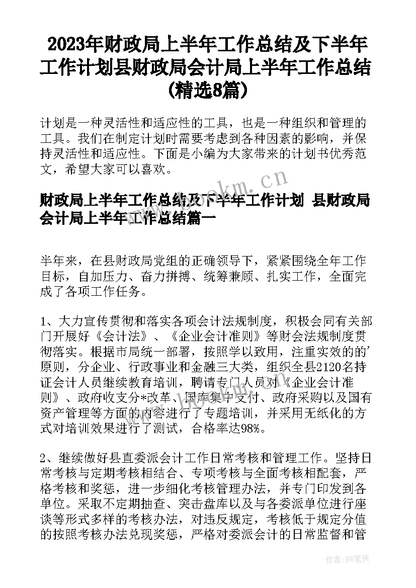 2023年财政局上半年工作总结及下半年工作计划 县财政局会计局上半年工作总结(精选8篇)