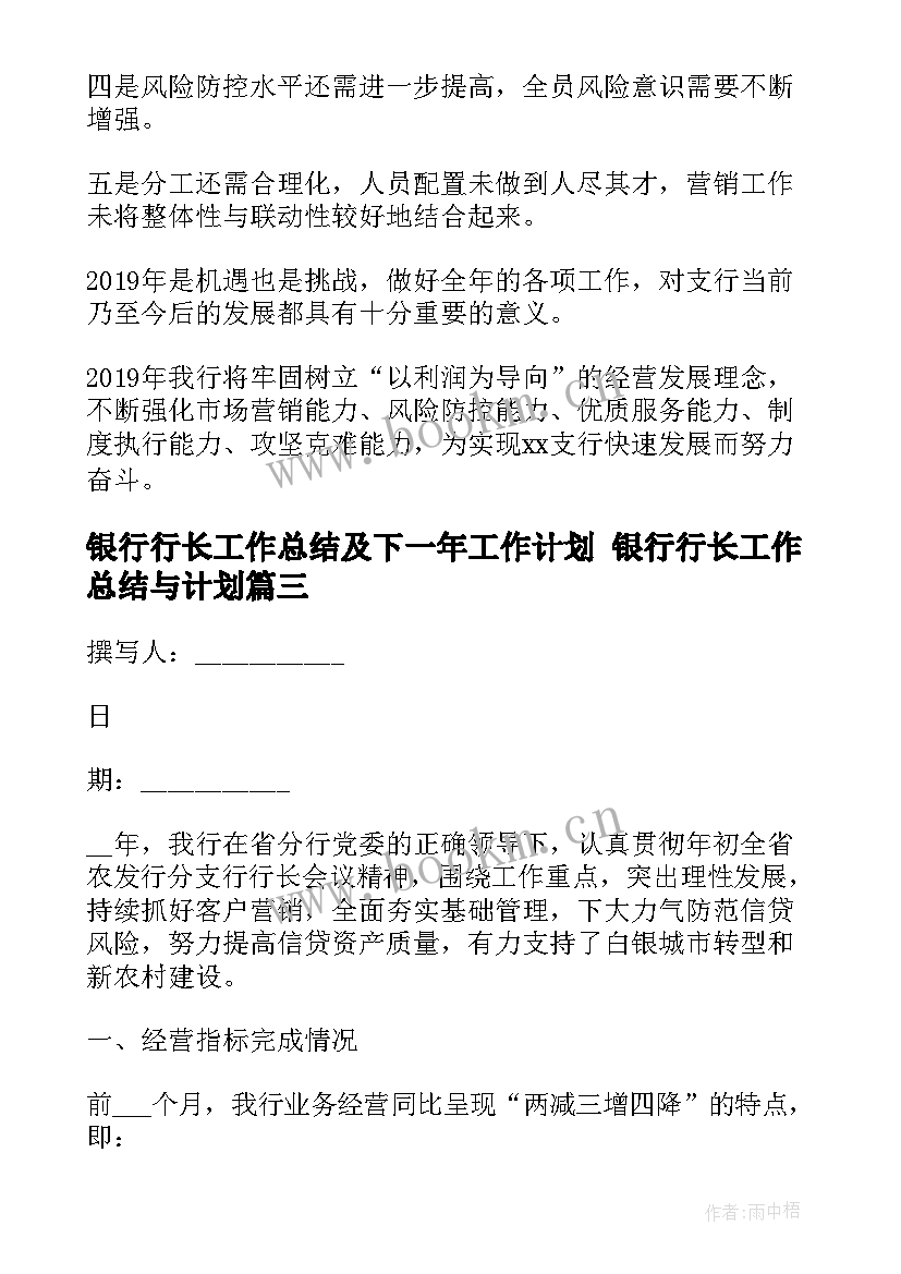 最新银行行长工作总结及下一年工作计划 银行行长工作总结与计划(大全5篇)