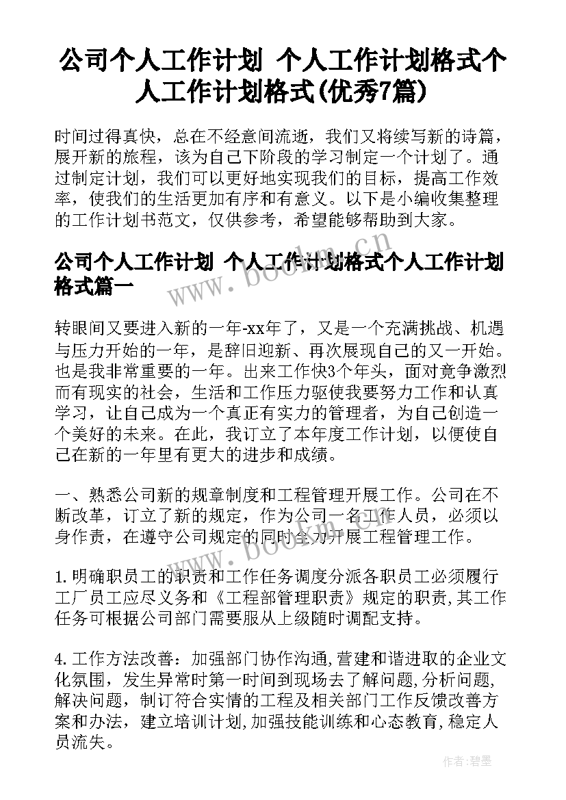 公司个人工作计划 个人工作计划格式个人工作计划格式(优秀7篇)