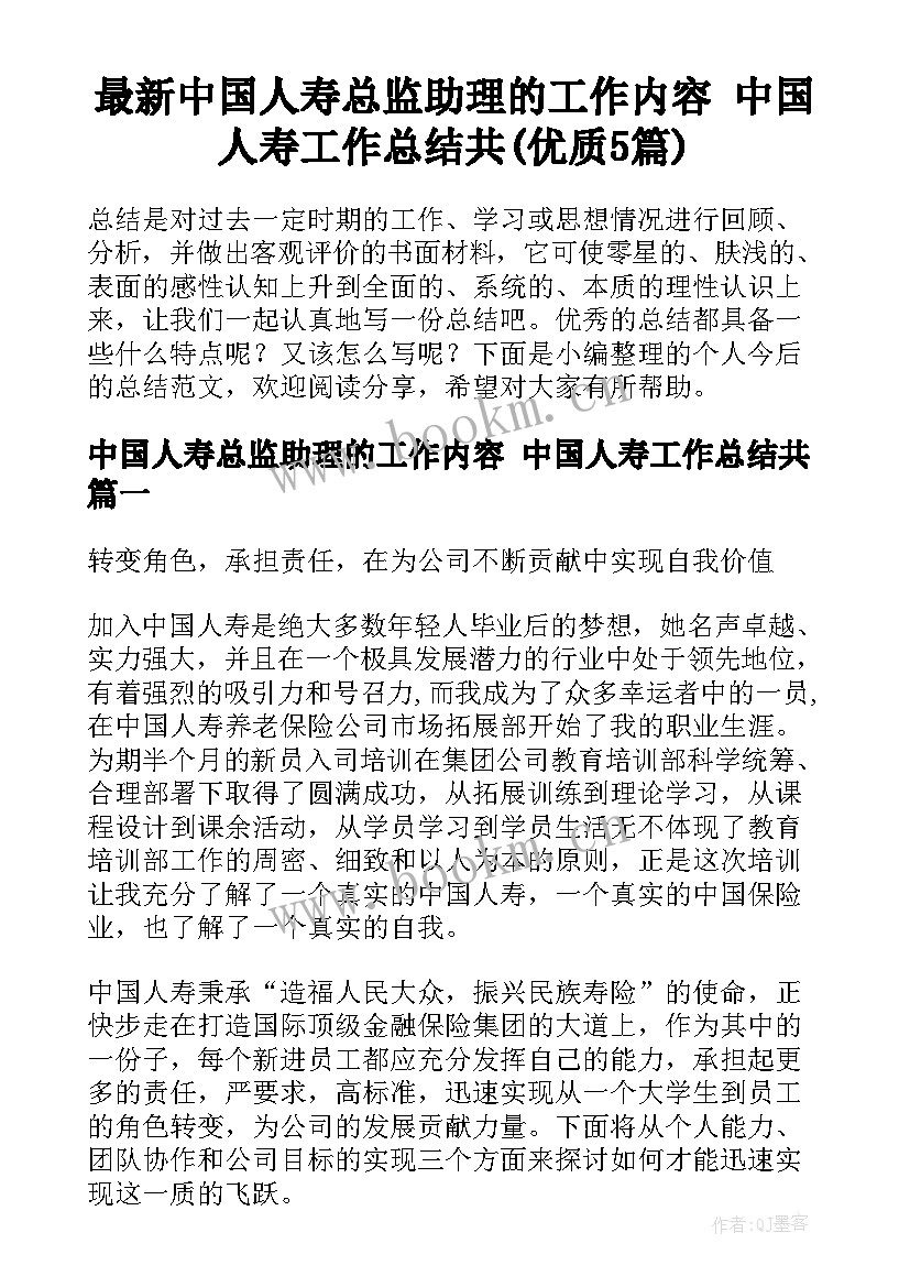 最新中国人寿总监助理的工作内容 中国人寿工作总结共(优质5篇)